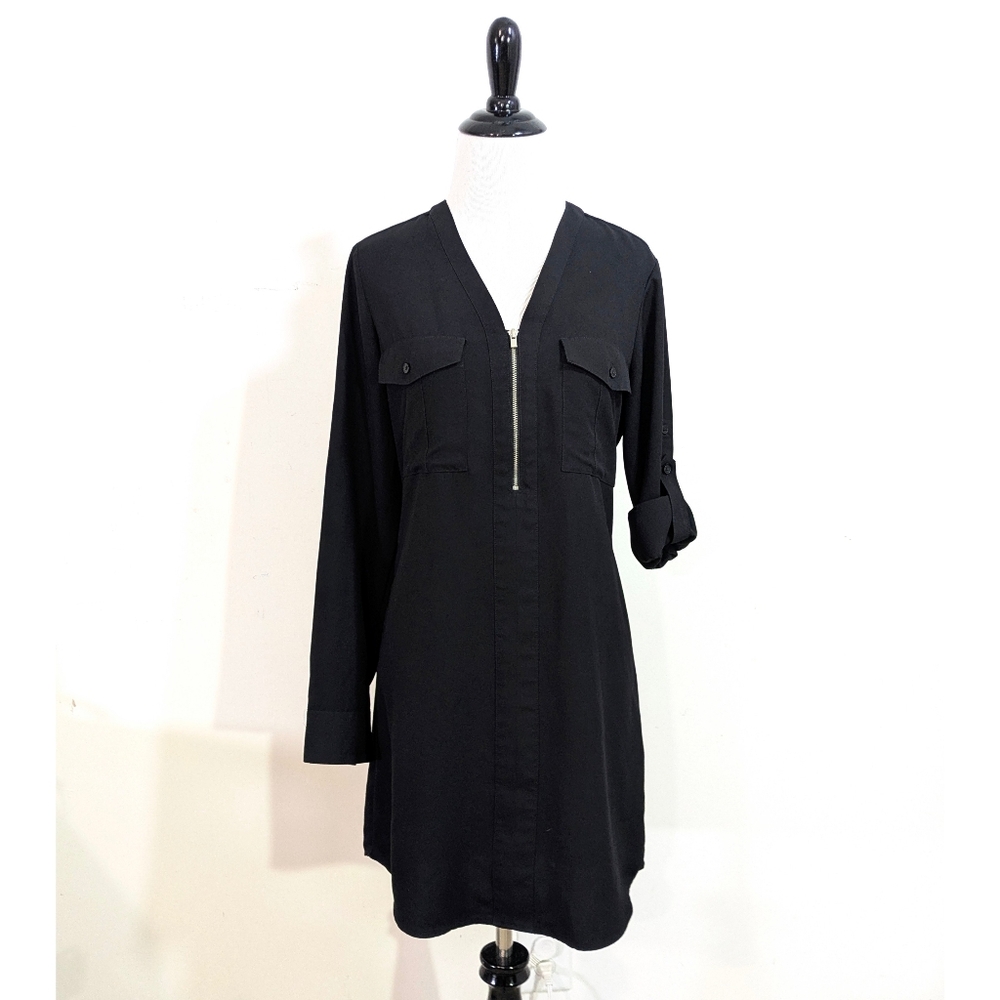 Express Solid Black Long Sleeve Roll Tab Shirtdre… - image 2